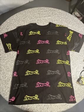 Le Tigre Shirt Mens Large Black All Over Print Tiger Logo Graphic T-Shirt